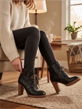 See By Chloé Black Leather Lace-Up High-Heel Ankle Boots